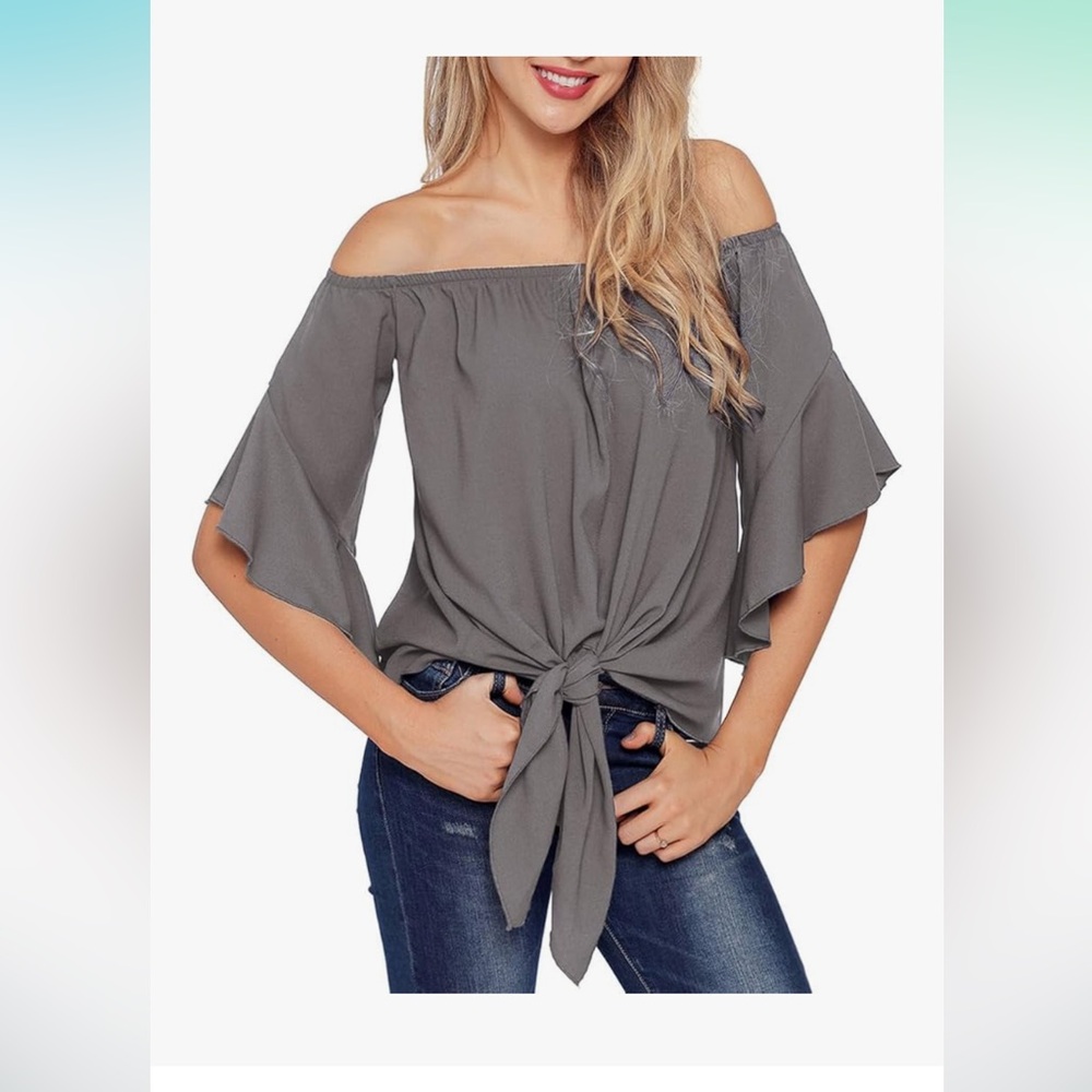 Amazon Women's Gray Off-Shoulder Blouse with Tie-Front